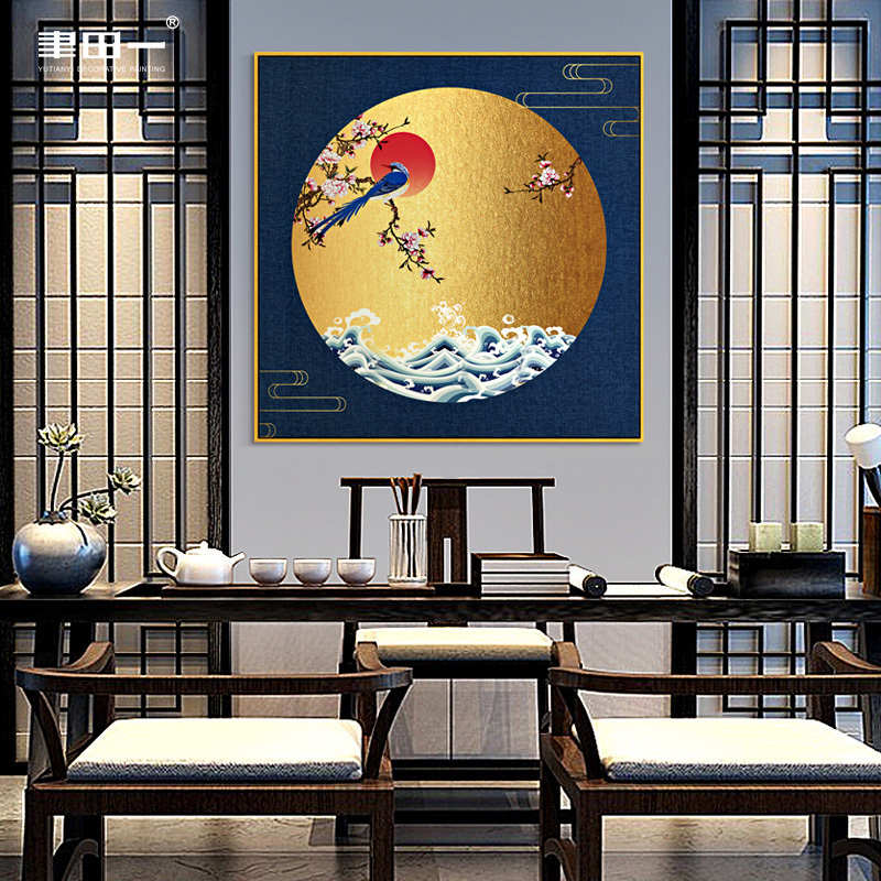古典新中式写意花鸟玄关装饰画过道样板房正方形挂画卧室床头墙画图片