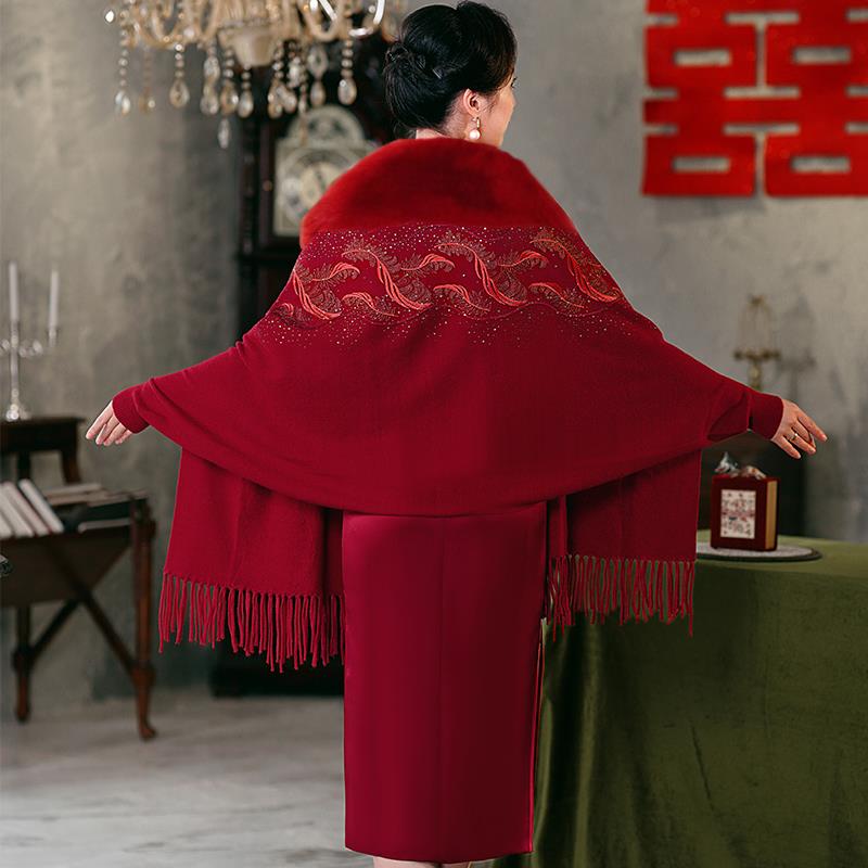 2025新款配旗袍毛领披肩冬婚宴喜婆婆妈妈礼服外套外搭红色0926e