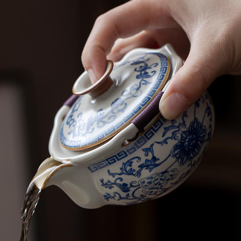 汝窑缠枝莲手抓壶盖碗茶杯单个高档复古青花泡茶带盖陶瓷功夫茶具