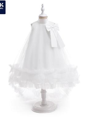 亚马逊新款女童礼服白色婚纱花童裙中小童拖尾儿童派对礼服公主裙