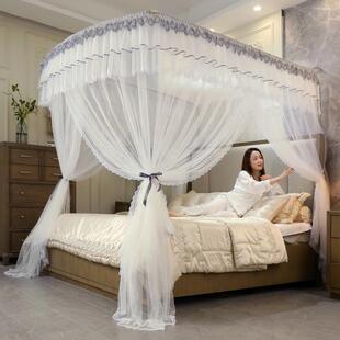 u型可伸缩蚊帐家用1米8床三开门落地纹帐带支架宫廷防蚊文帐1米5