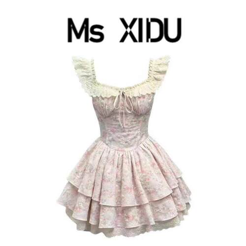 Ms樱织花翎1/4吋套筒扳手袖温柔碎花洋装女夏日绝美公主蛋糕裙收