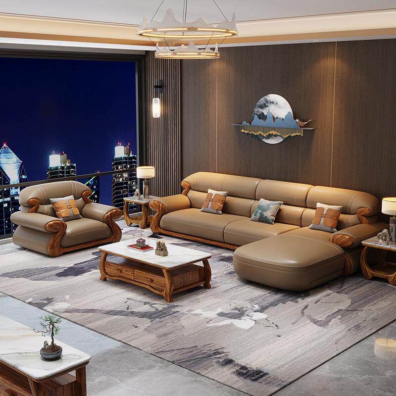 新中式乌金木真皮转角沙发实木欧式别墅客厅奢华头层牛皮贵妃L型