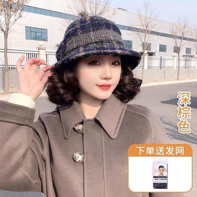 2025新款秋冬渔夫帽帽子一体新款假发中老年洋气妈妈卷发礼帽头套