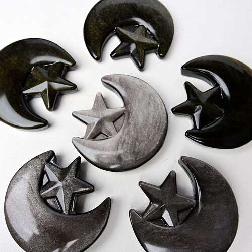 东海天然水晶金银曜石原石星星月亮雕刻件装饰工艺品摆件送礼