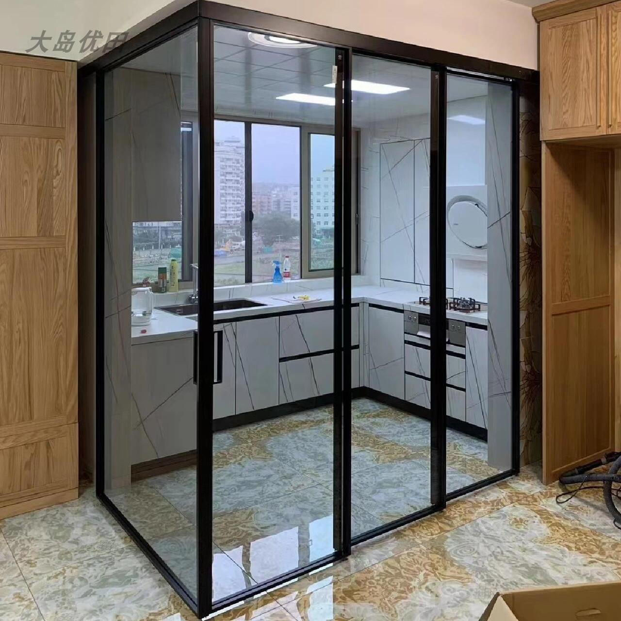 开放式厨房推拉门窗L型转角极窄吊轨移门三联动玻璃折叠门隔断门