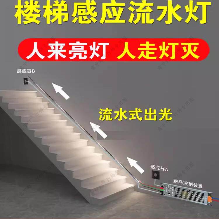 流水楼梯感应灯带跑马追光灯条免布线自粘扶手过道踢脚板气氛灯带