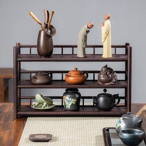 桌面置物架三层茶壶茶杯架紫砂壶茶具收纳架竹制茶棚置物架博古架