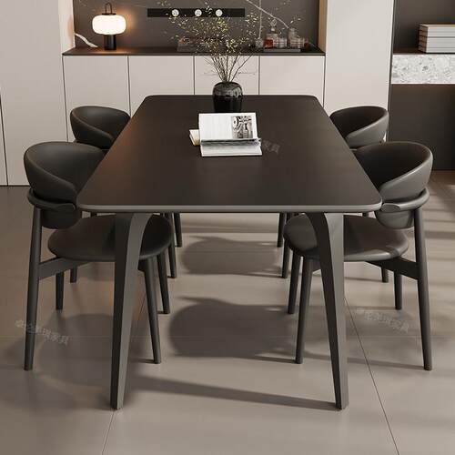 意式极简岩板餐桌椅组合轻奢覆古客厅家用黑色2024现代简约吃饭桌