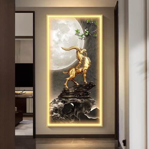 三羊开泰入玄廊关装户饰新GLV中式领头画羊走过道挂画轻奢发光壁