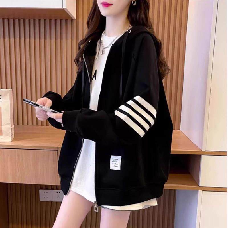 欧洲站潮牌黑色四条杠拉炼连帽开衫卫衣女宽松慵懒风减龄加绒外套