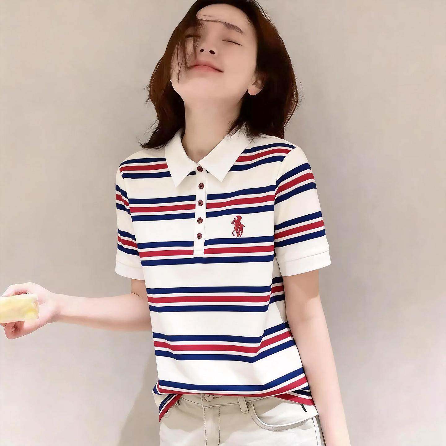 韩国潮牌设计感条纹polo衫短袖T恤女夏新款超好看宽松运动风上衣