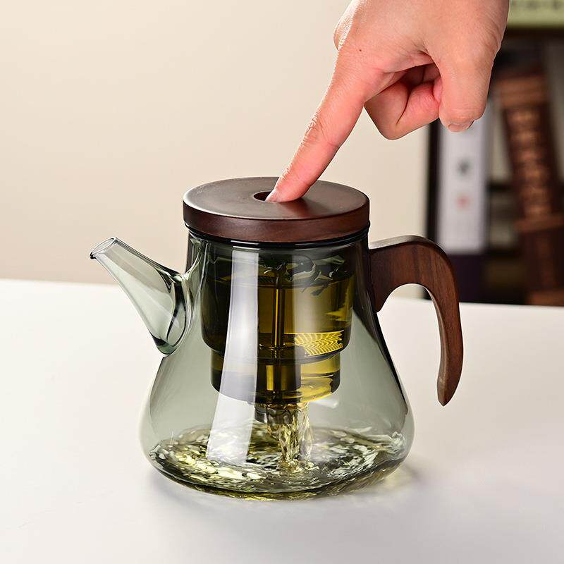 木把耐高温玻璃键花茶壶型一式按压过滤泡茶壶高硼硅新a-554茶玻