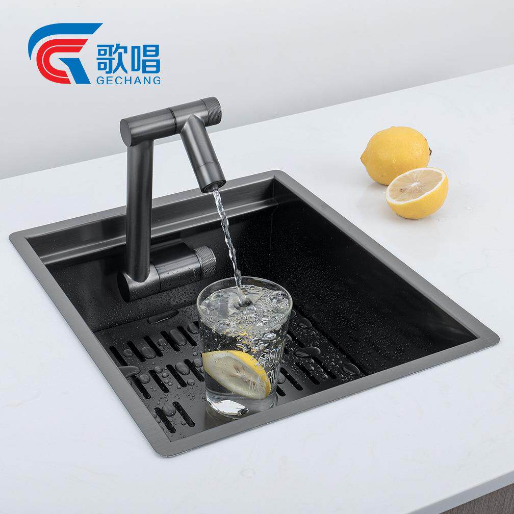 歌唱吧台水槽隐形隐藏式小单槽迷你水池房车带盖不锈钢黑色台中盆