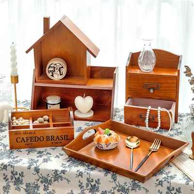 桌面首饰收纳盒托盘盒格子化妆品口红整理木盒子无盖木盒复古风