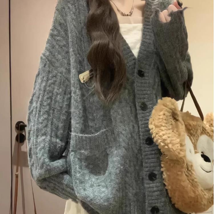 美式复古小众设计感灰色宽松气质针织开衫慵懒秋季毛衣女外套秋冬