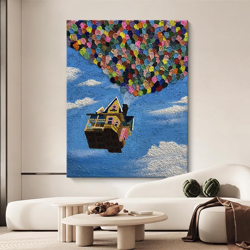飞屋环游记手绘油画儿童房玄关小众艺术挂画客厅沙发背景墙装饰画