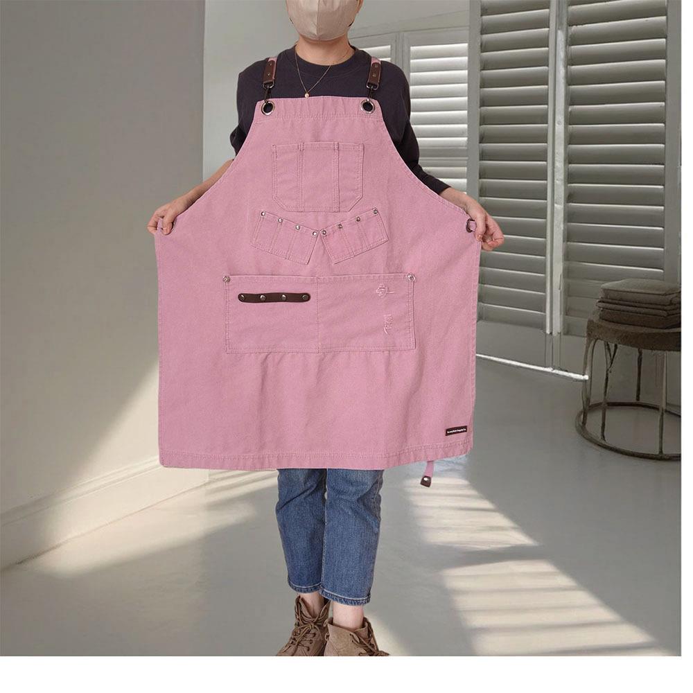 百搭粉色洗布围裙女11-10美甲师饮花艺师工水作服烘焙帆餐时尚大