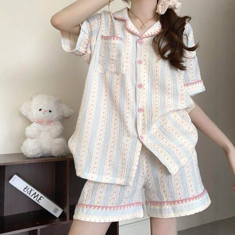 夏天甜美条纹撞色拼接棉纱睡衣女款夏大尺码短袖家居服2026新款夏