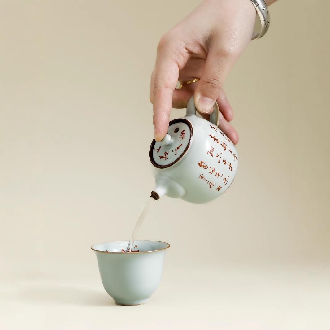 天青汝窑手写诗文贵妃陶瓷高档茶壶茶具家用泡茶器复古文人器小品