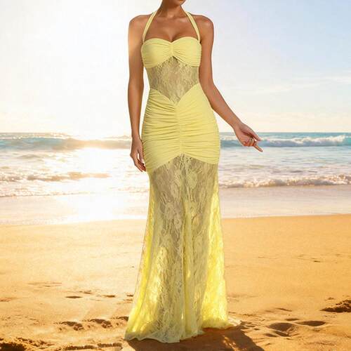 Elegant Lace Halter Backless Dress Sleeveless V Neck