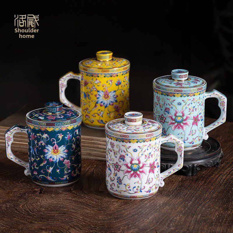 陶瓷景德镇搪瓷茶具办公茶杯茶水分离过滤杯单办公杯