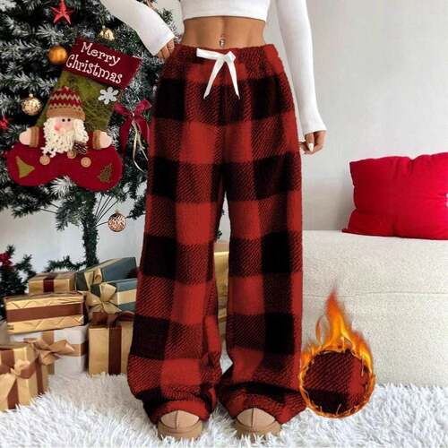 Women Winter Plaid Warm Casual Pants Elastic Waistband