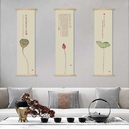 新中式荷花装饰画禅意植物客厅壁画莲花心经茶室书房油画布挂画