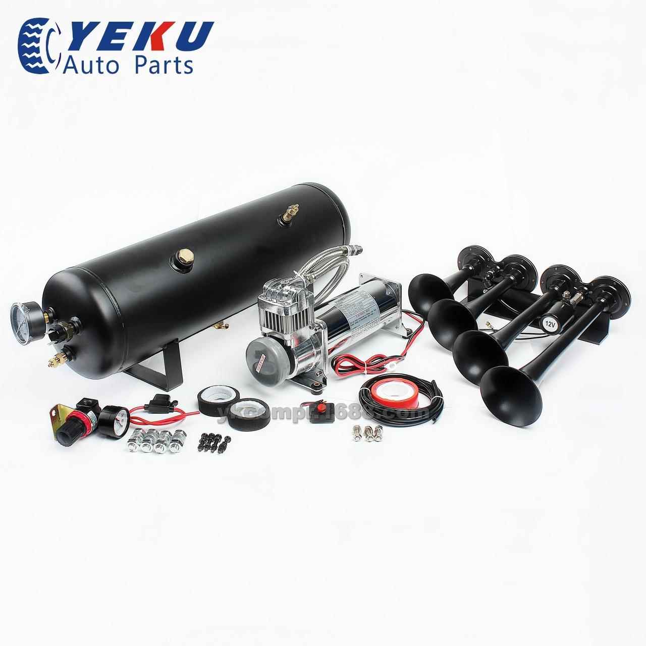12V200psi车载充气泵带3gal储气罐四管黑色喇叭汽车改装喇叭气泵