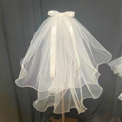 秀禾服头纱领证高级感生日头纱盖头饰品蝴蝶头纱白色头纱女生蕾丝