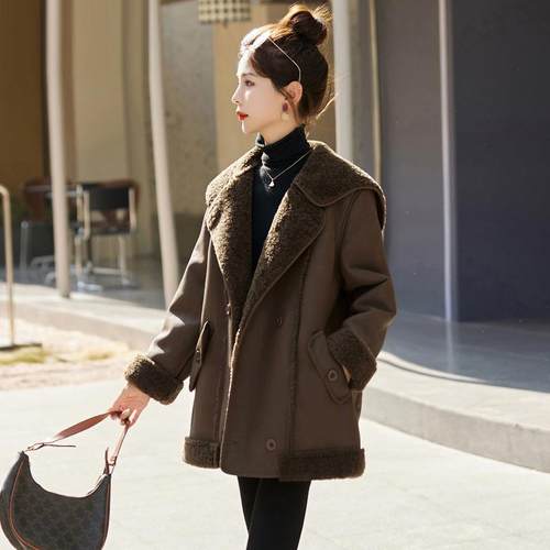 皮毛一子体羊羔毛外套女秋冬新款小个鹿美拉加厚仿皮德ZZI5229绒