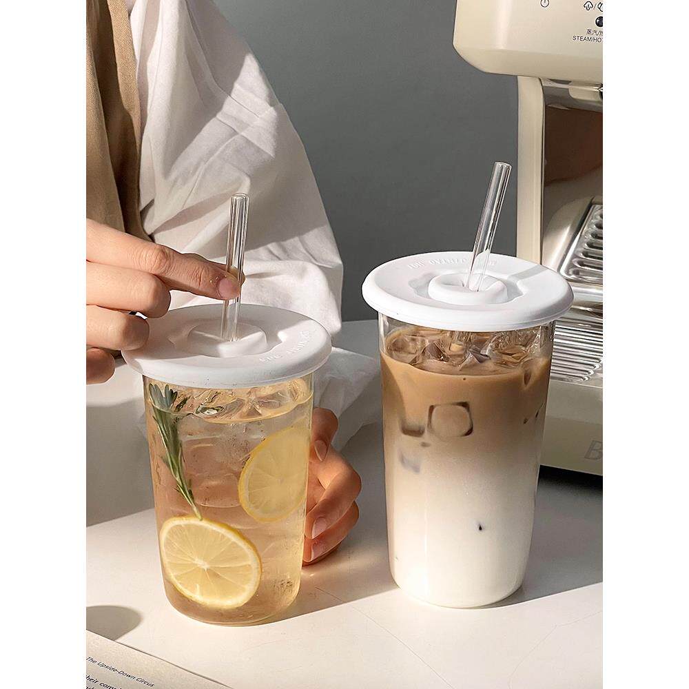 简约透明玻璃吸管杯带盖水杯子冰美式拿铁咖啡杯饮品奶茶杯果汁杯
