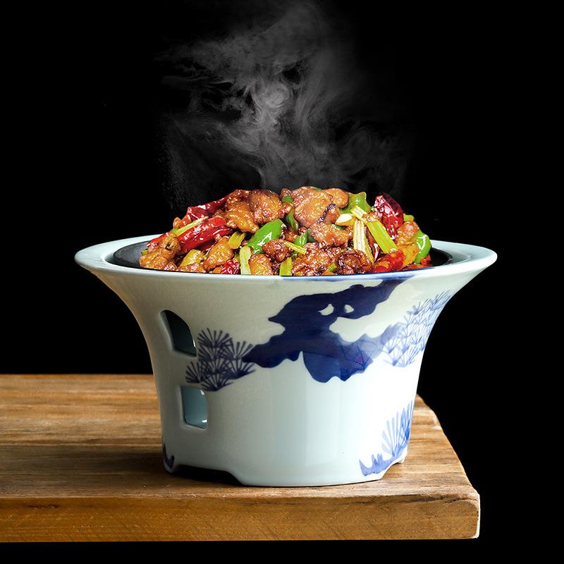 酒店创意特色铁板烧菜盘子青花陶瓷炙子烤肉盘中式加热炉保温餐具