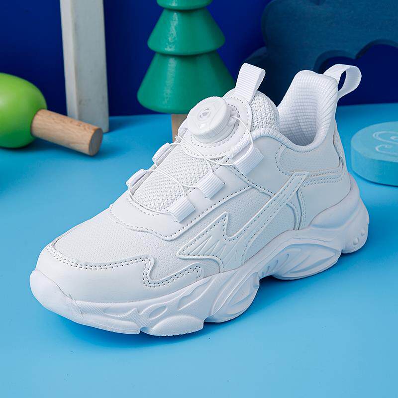 男童运动鞋跑步减震轻便中大童学生旅游鞋儿童白色白鞋旋转纽扣鞋