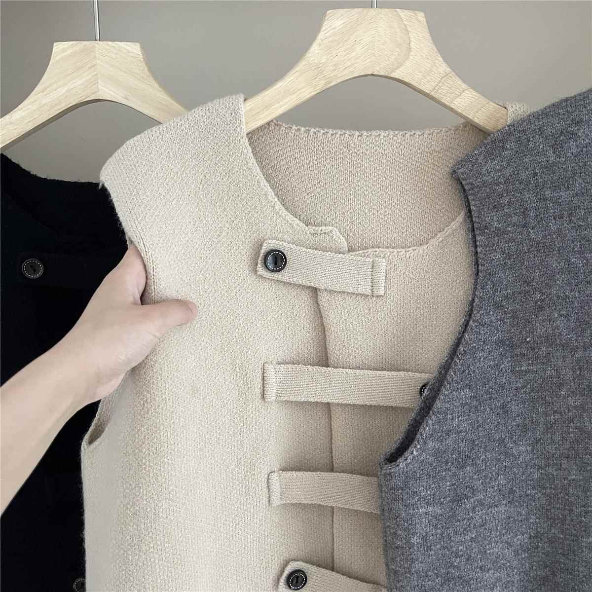 Button irregular vest knitted cardigan vest womens layered