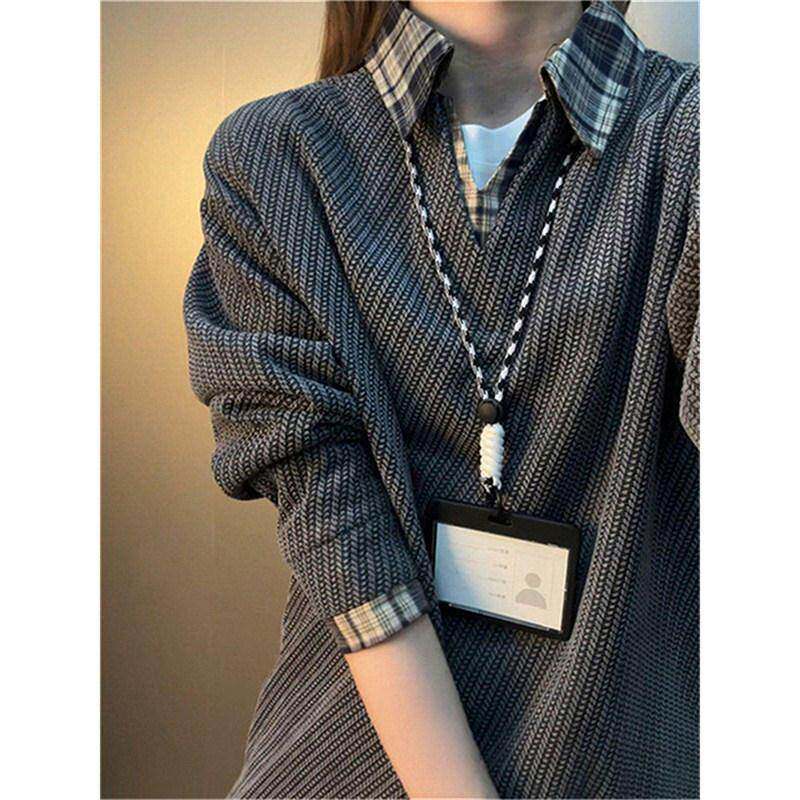 2026春季假两件美式翻领卫衣男格子提花长袖t恤正肩V领内搭polo衫