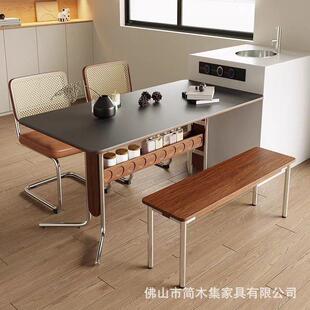 法式不锈钢实木岩板餐桌莫比恩大板长方形餐桌现代小户型家用餐桌