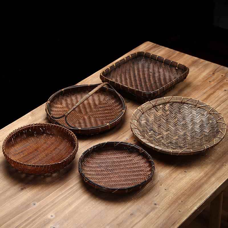 竹编筐收纳筐簸箕筛子手提篮覆古圆形竹筐手工制品家用水果篮果盘