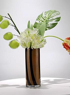 现代简约轻奢黑色条纹直筒琉璃花器样板房售楼处酒店仿真花艺摆件
