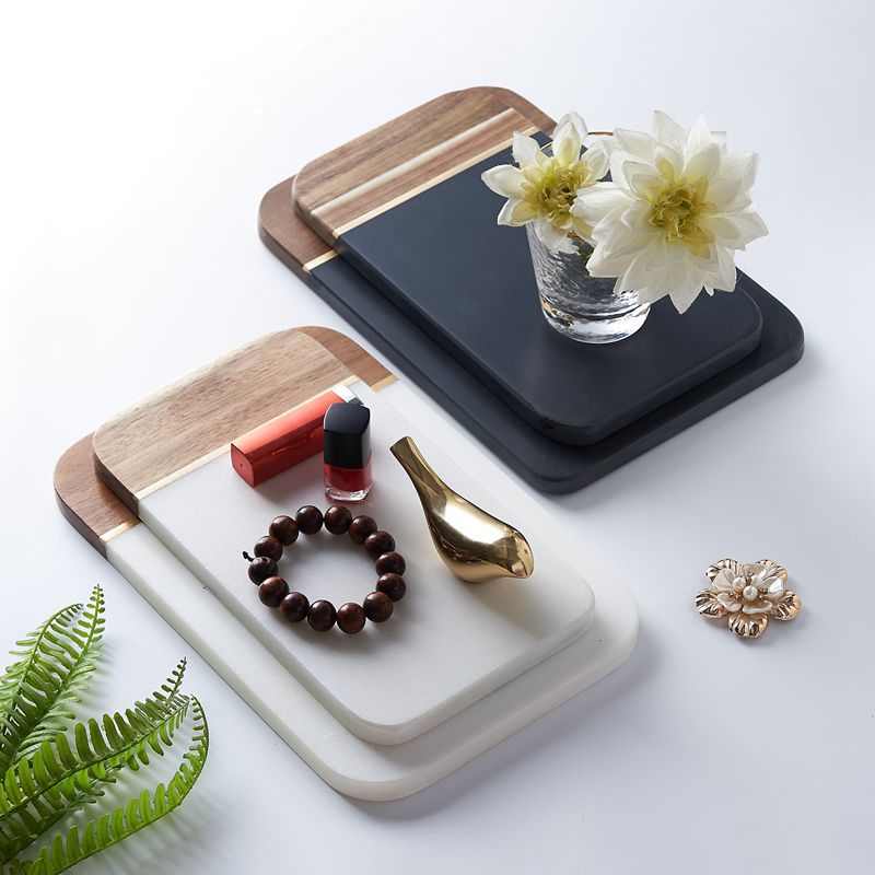 轻奢铜条拼接托盘天然岩石哑光黑色平盘置物盘创意大理石拼接砧板