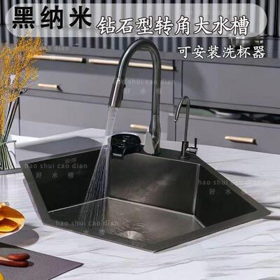 意大利Kvina转角黑纳米钻石型水槽大号加厚可装洗杯器3孔洗菜盆