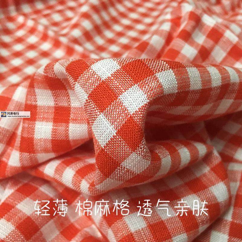 红白棉亚麻色织格子轻薄透气夏薄凉裤子连衣裙衬衫薄外套服装面料