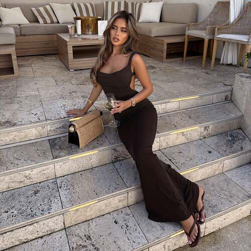 Women's Sexy Chocolate Brown Deep Backless Dress. Low
