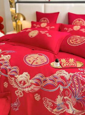 中式庆四件水洗棉新婚红色床单套刺绣结床婚陪嫁秋hy240523冬婚上