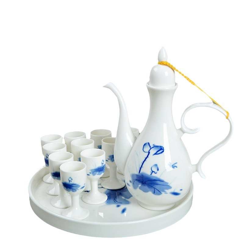 青花牡丹酒具套装 陶瓷酒壶白酒杯高脚杯 批发