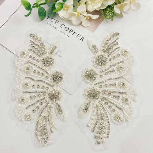 白色重工钉珠手缝钻立体花朵蕾丝花边对花辅料高档服装钻饰贴片