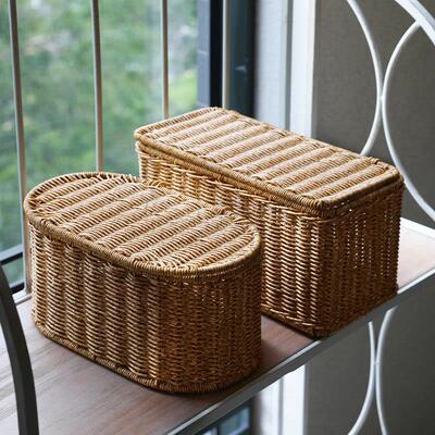 日系北欧风桌面收纳盒收纳箱卧室带盖衣物整理箱彷藤编有盖收纳筐