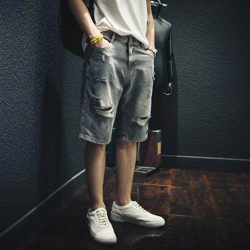 香港潮牌代购破洞牛仔短裤男宽松潮流外穿五分裤大码中裤马裤薄款