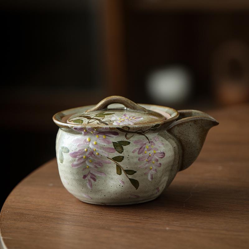 复古手绘紫藤花粗陶茶壶单壶女士手抓壶陶瓷茶具宝瓶壶家用泡茶壶