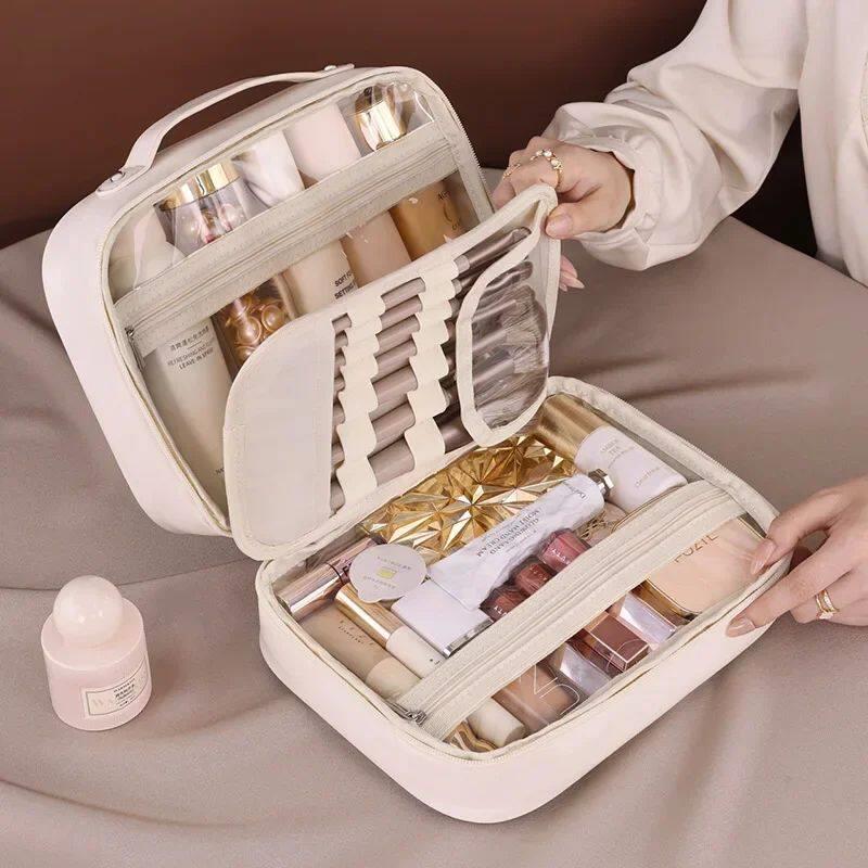 Makeup Bag PU Leather Double Layer Clear Cosmetic Bag Large